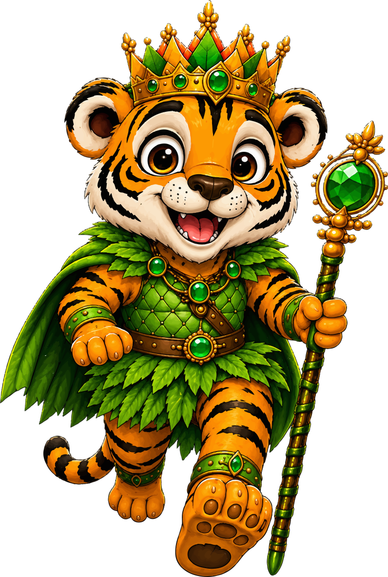 The Kiddathon tiger king &mdash; a cartoon tiger wearing a crown and green leaf armour, running with an emerald scepter.